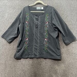 Shenanigans Henley Popover Top Women 1X Gray Embroidered Cardinal 3/4 Sleeve 90s
